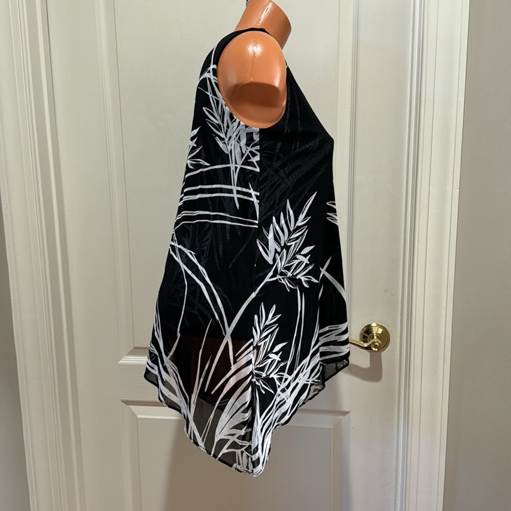 ALFANI Tunic Mesh Black White Palm Print Handkerchief Hem Petite Small PS SP $60 - Picture 5 of 11